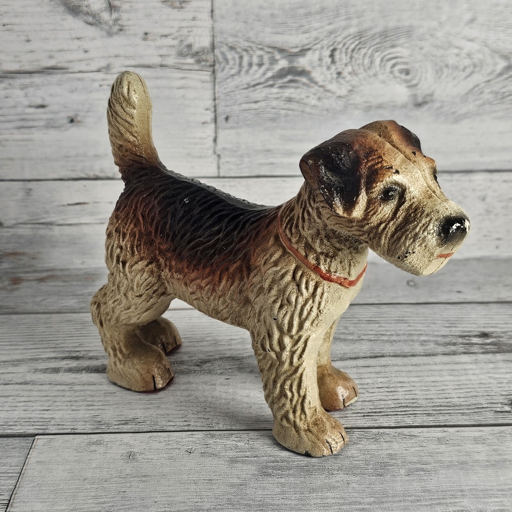Wire Fox Terrier Dog Cast Iron Doorstop Brown White Red Vintage 7 in x 5 in